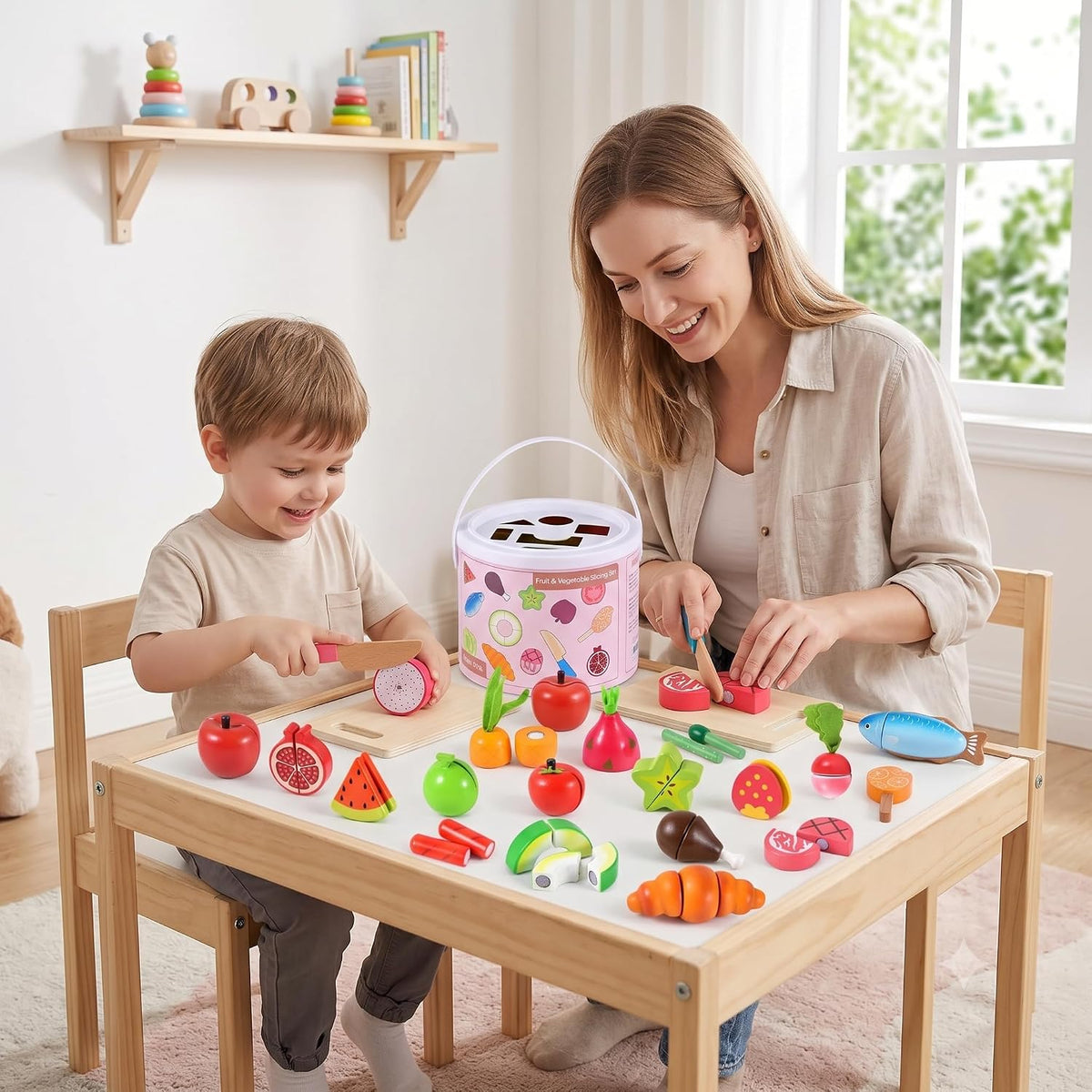 WHOLL - Juego de 45 piezas de comida de madera para niños, juguetes de