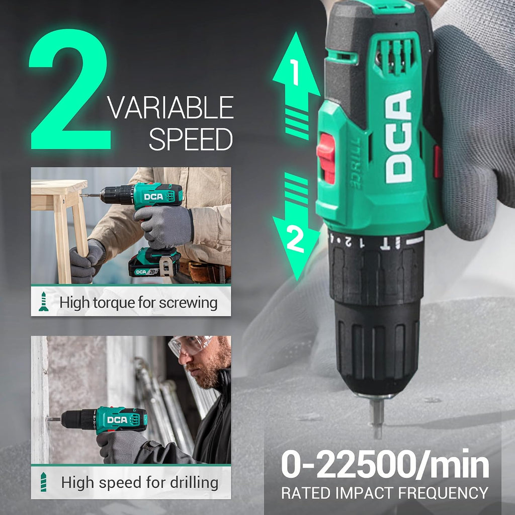 DCA Juego de martillo inalámbrico de 20 V, par de 354 in-libra, portabrocas sin llave de 1/2 pulgada, 22500 IPM, 2 velocidades variables, posición 18+1+1, taladro de impacto de potencia con 14 brocas