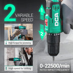 DCA Juego de martillo inalámbrico de 20 V, par de 354 in-libra, portabrocas sin llave de 1/2 pulgada, 22500 IPM, 2 velocidades variables, posición 18+1+1, taladro de impacto de potencia con 14 brocas
