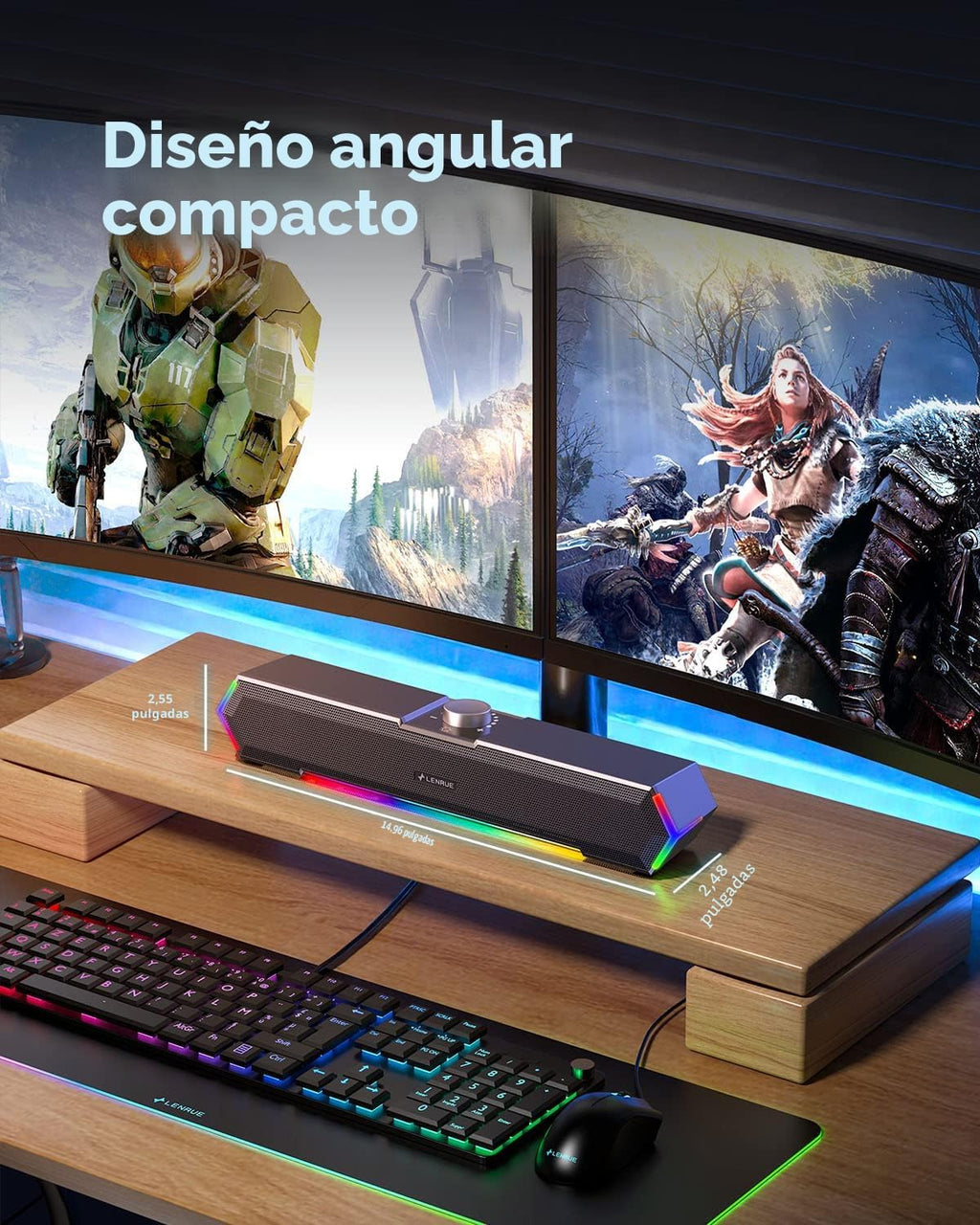 LENRUE G11 - Altavoces para computadora de escritorio, luces táctiles, altavoces de PC con sonido claro de sobretensión, alimentado por USB C/USB, audio auxiliar para computadora, escritorio