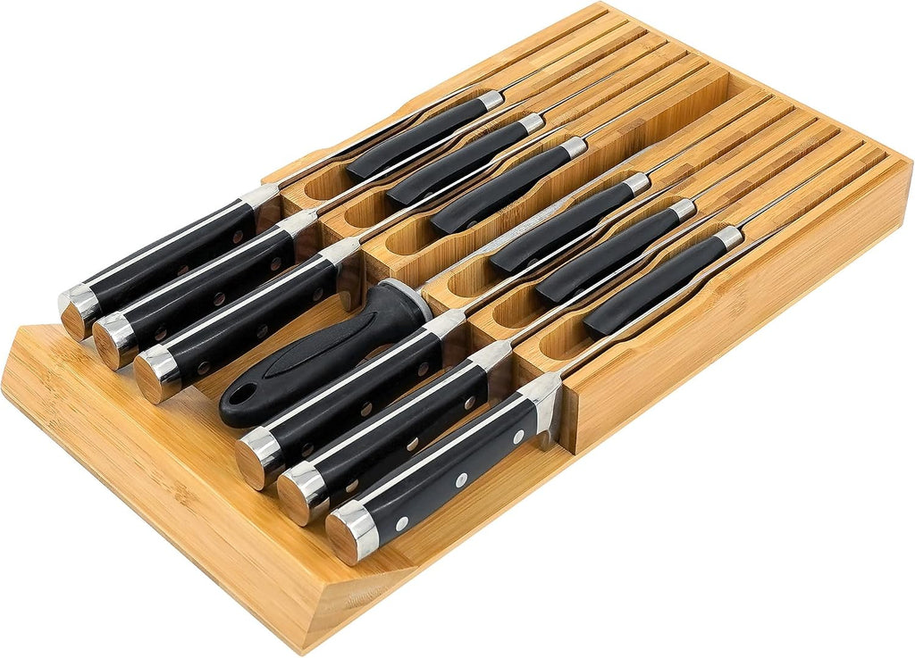 VaeFae Organizador de cajones de cuchillos de bambú, organizador de cajones de cuchillos, bloque de cuchillos de cocina para 12 cuchillos y una ranura PLUS para tu afilador de cuchillos (sin