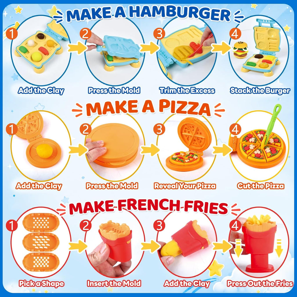 Juego de herramientas para masa, 42 piezas de accesorios de masa con hamburguesas, pizza y papas fritas, moldes de animales y frutas, rodillos, cortadores, sellos, tijeras de seguridad y juguetes de