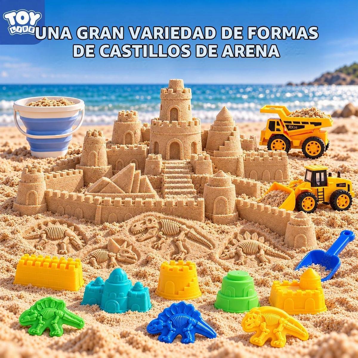 TOY Life Juego de arena de playa de dinosaurio de 22 piezas, 2 autos de
