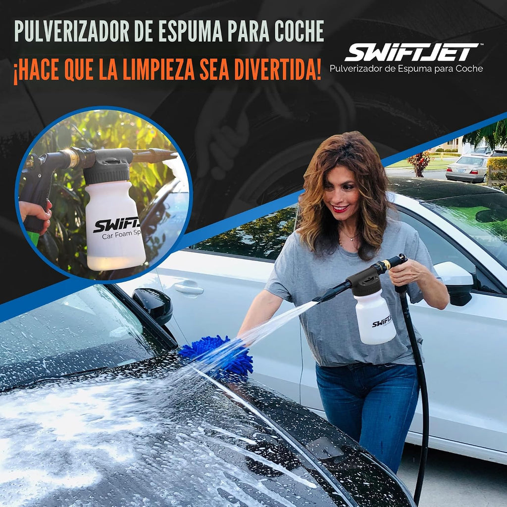 SwiftJet Pistola de espuma para lavado de autos + guante de microfibra – Funciona con cualquier jabón – Pulverizador de espuma para manguera de jardín – Kit de lavado de coche de cañón de espuma – Accesorios de coche Pistola de espuma negra con manopla