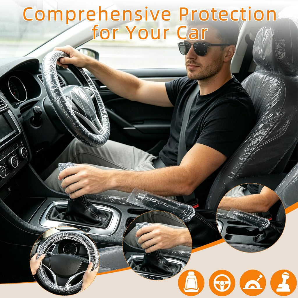 Paquete de 250 fundas desechables para asiento de automóvil, juego de protectores de asiento de plástico transparente para automóviles, incluye volante, selector de engranajes y fundas para