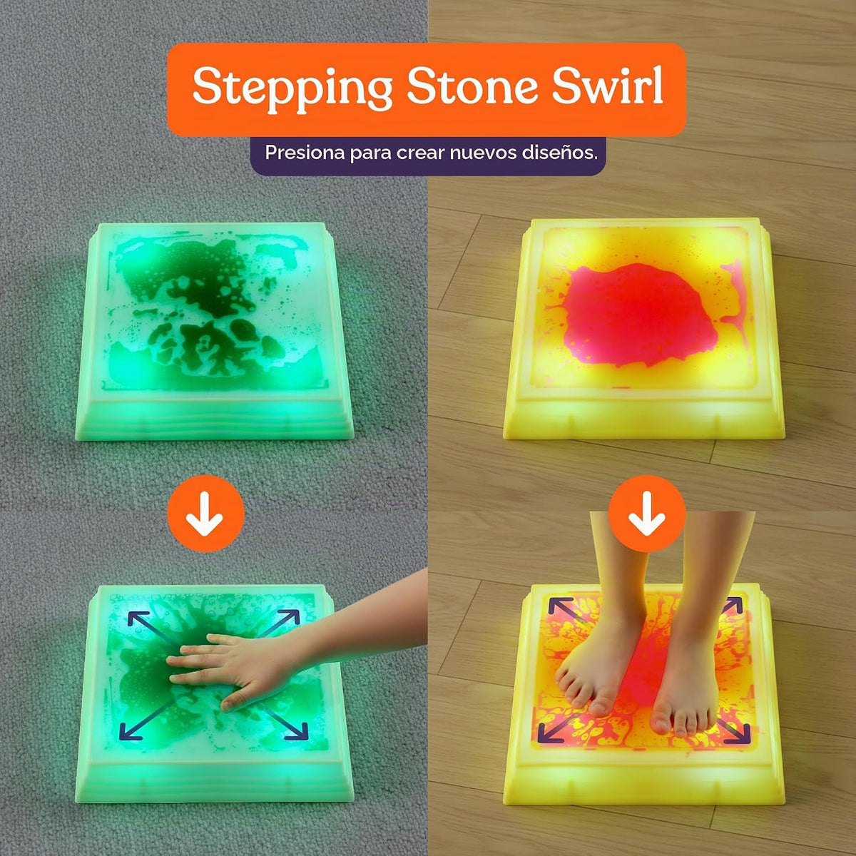 Special Supplies - Piedras LED de gel líquido para niños, bloques de equilibrio cuadrados iluminados, promueven la coordinación, el equilibrio, la fuerza para los niños, goma antideslizante duradera, juego seguro en interiores y exteriores, paquete de 4