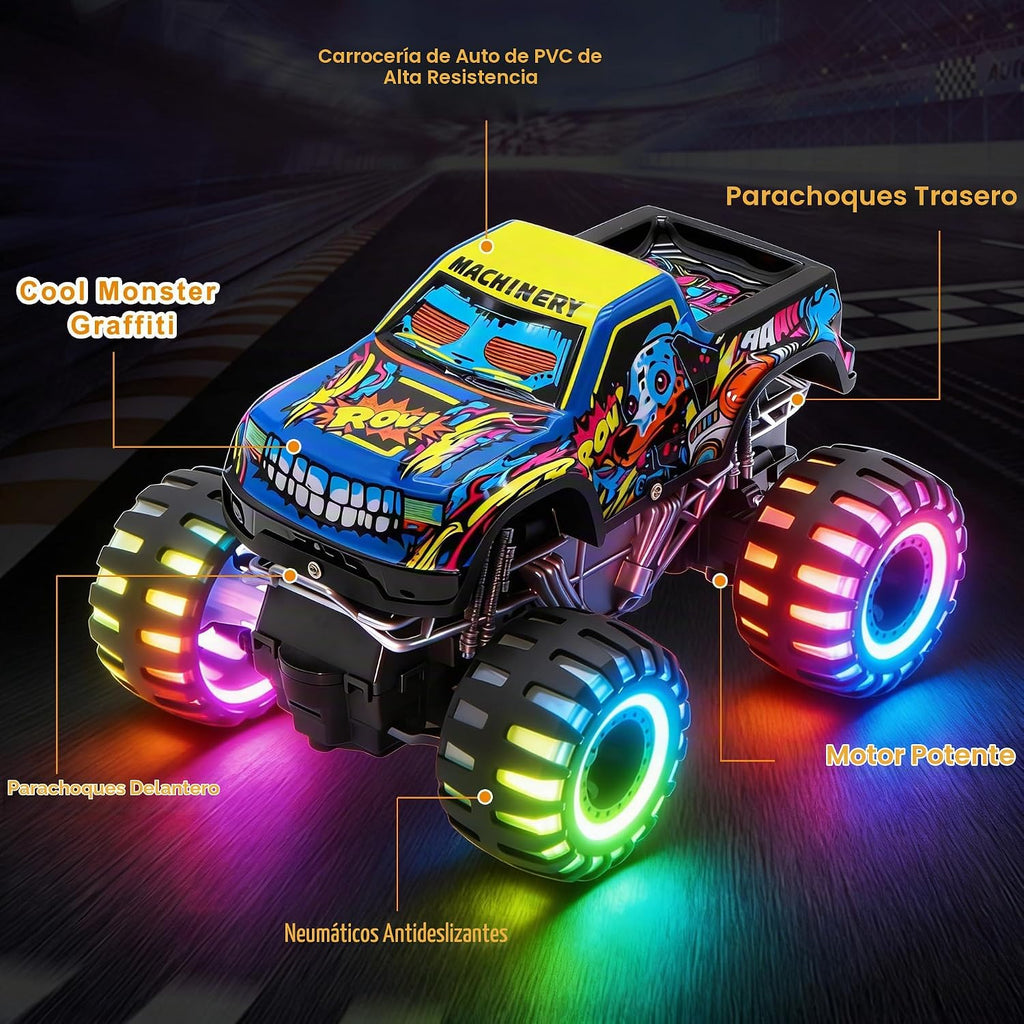 Camión monstruo de juguete a control remoto para niños, escala 1:20, 2.4 GHz, auto RC con luces, camión RC recargable todo terreno con 2 baterías recargables, regalo de juguete, cumpleaños, Navidad