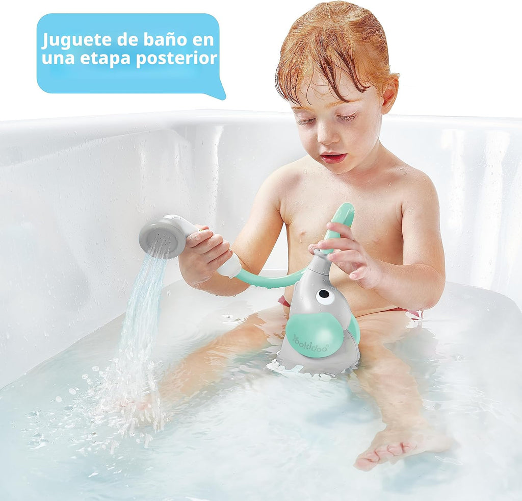 Yookidoo Cabezal de ducha para bebé, bomba de agua de elefante y rociador de boquilla para tronco, control de flujo con una sola mano para bebés recién nacidos en bañera o fregadero (turquesa)