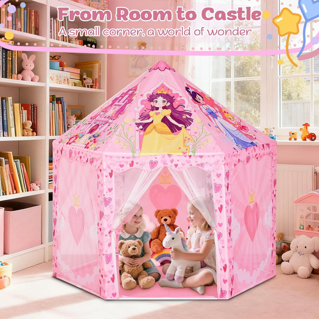 Tienda de campaña hexagonal de princesa para niñas, gran castillo interior con bolsa de transporte, rincón de lectura de ensueño y espacio de juego imaginativo, cumpleaños, San Valentín, idea de regalo de Pascua para niños de 3 a 8 años