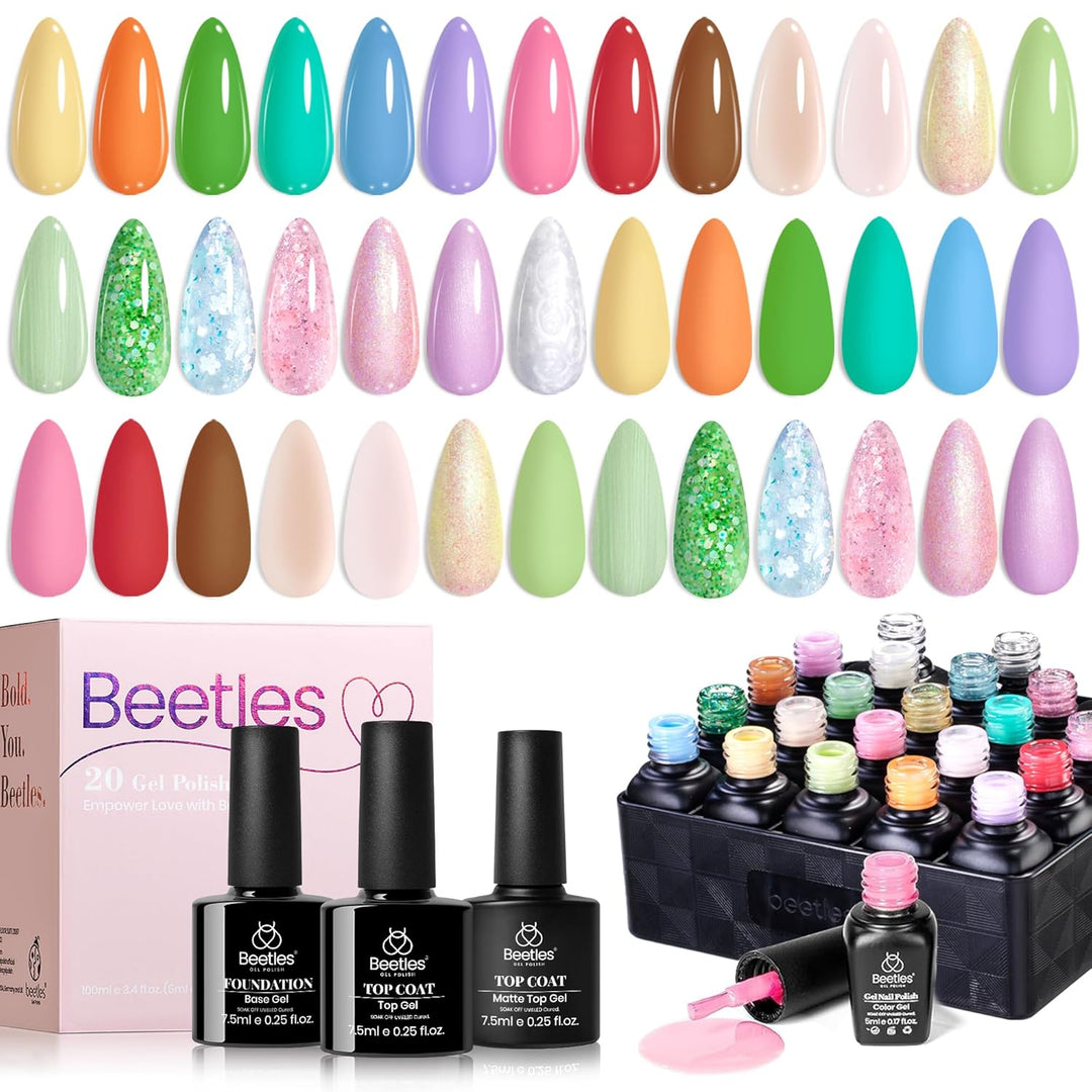 Beetles - Juego de 20 esmaltes de uñas de gel pastel con capa base...