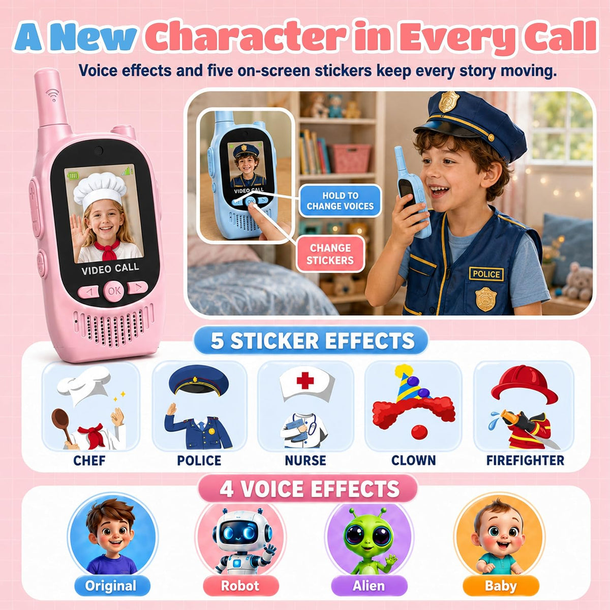 Walkie Talkies de video para niños, paquete de 2 juguetes recargables para cámara y pantalla, chat de campamento de largo alcance para interiores y exteriores, radios bidireccionales, regalos de