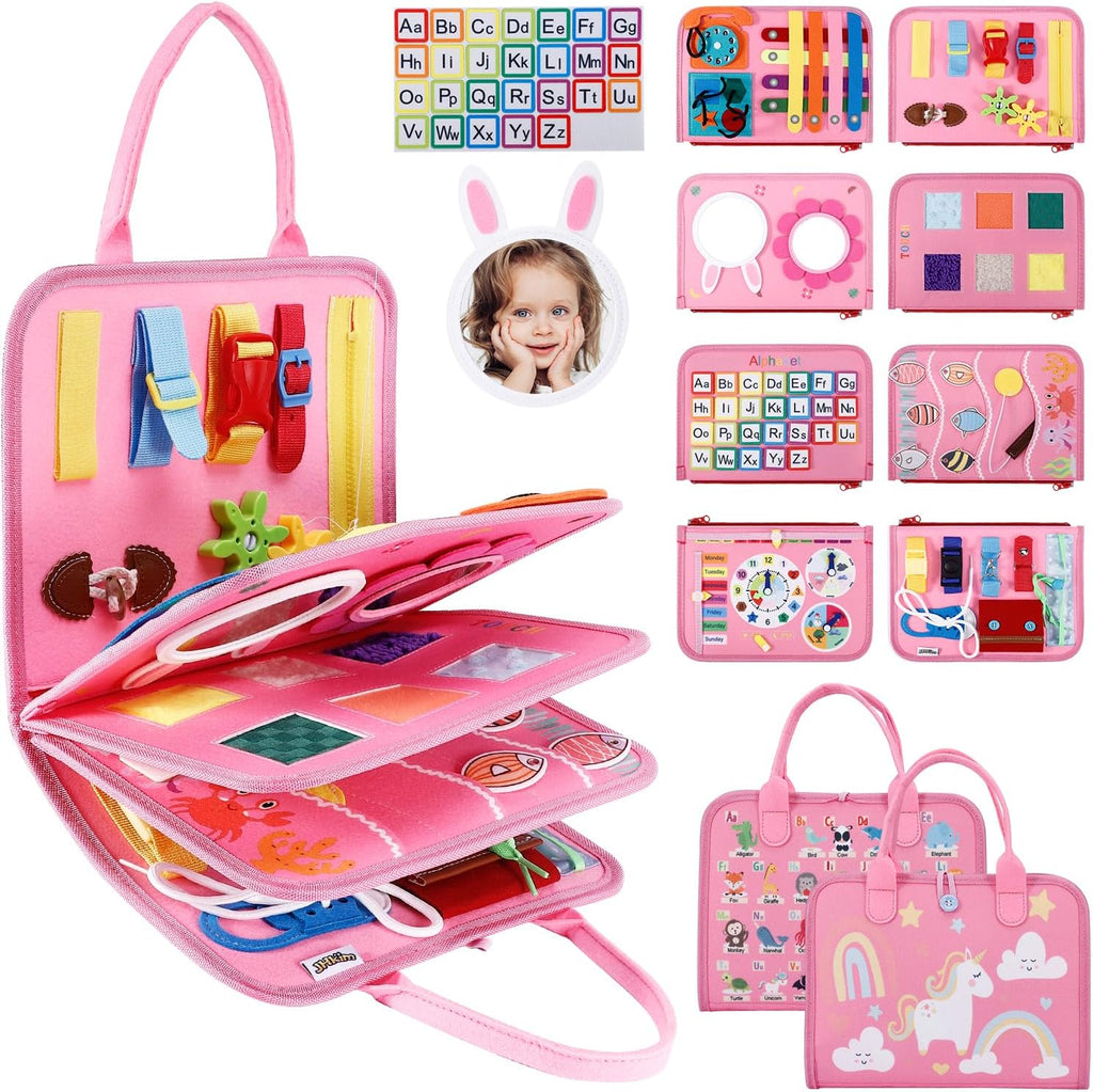 Tabla de actividades de viaje, juguete sensorial de viaje, regalos para niñas y niños, juguetes Montessori para aprender habilidades motoras finas, actividades educativas, libro ocupado para avión (rosa)