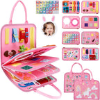 Tabla de actividades de viaje, juguete sensorial de viaje, regalos para niñas y niños, juguetes Montessori para aprender habilidades motoras finas, actividades educativas, libro ocupado para avión (rosa)