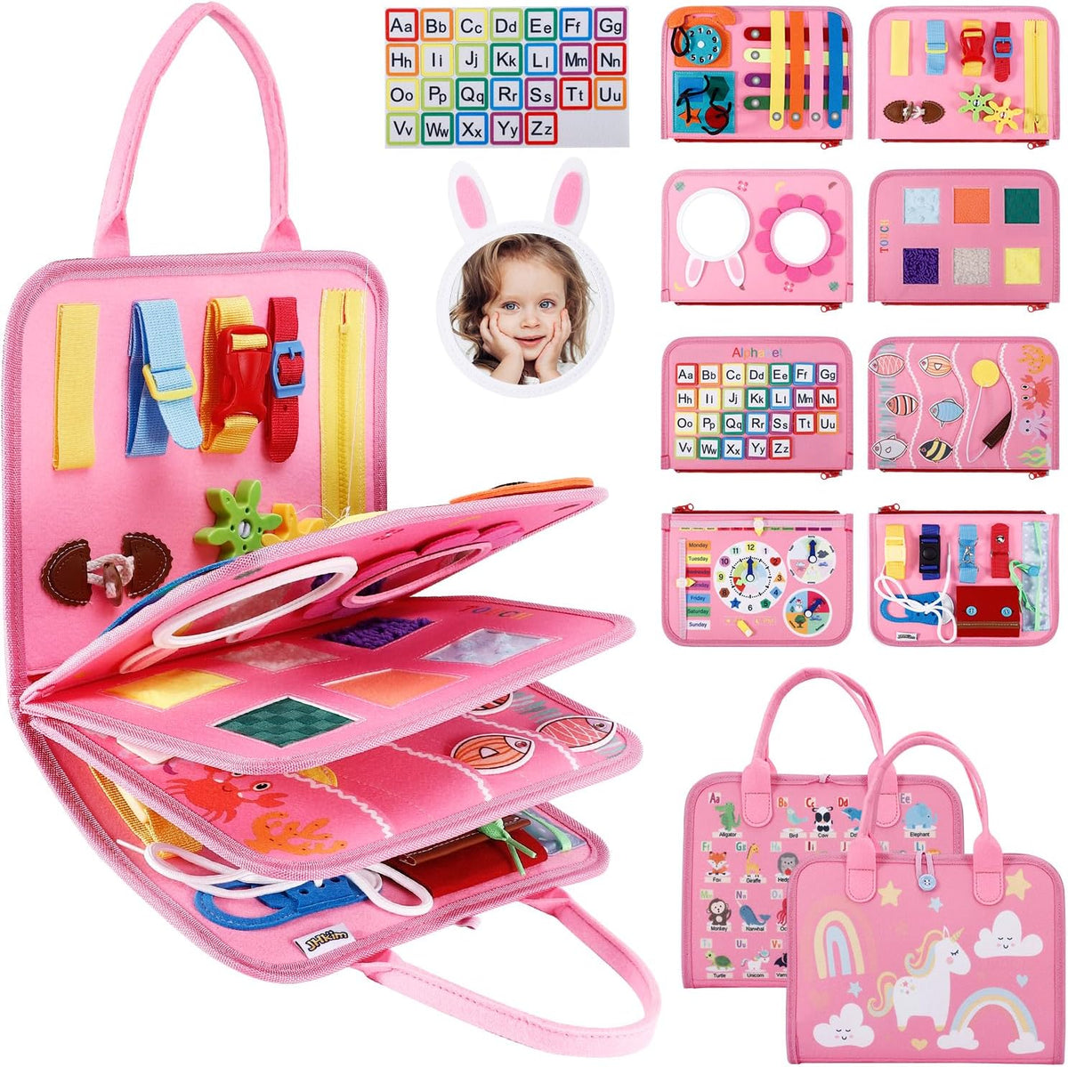 Tabla de actividades de viaje, juguete sensorial de viaje, regalos para niñas y niños, juguetes Montessori para aprender habilidades motoras finas, actividades educativas, libro ocupado para avión (rosa)