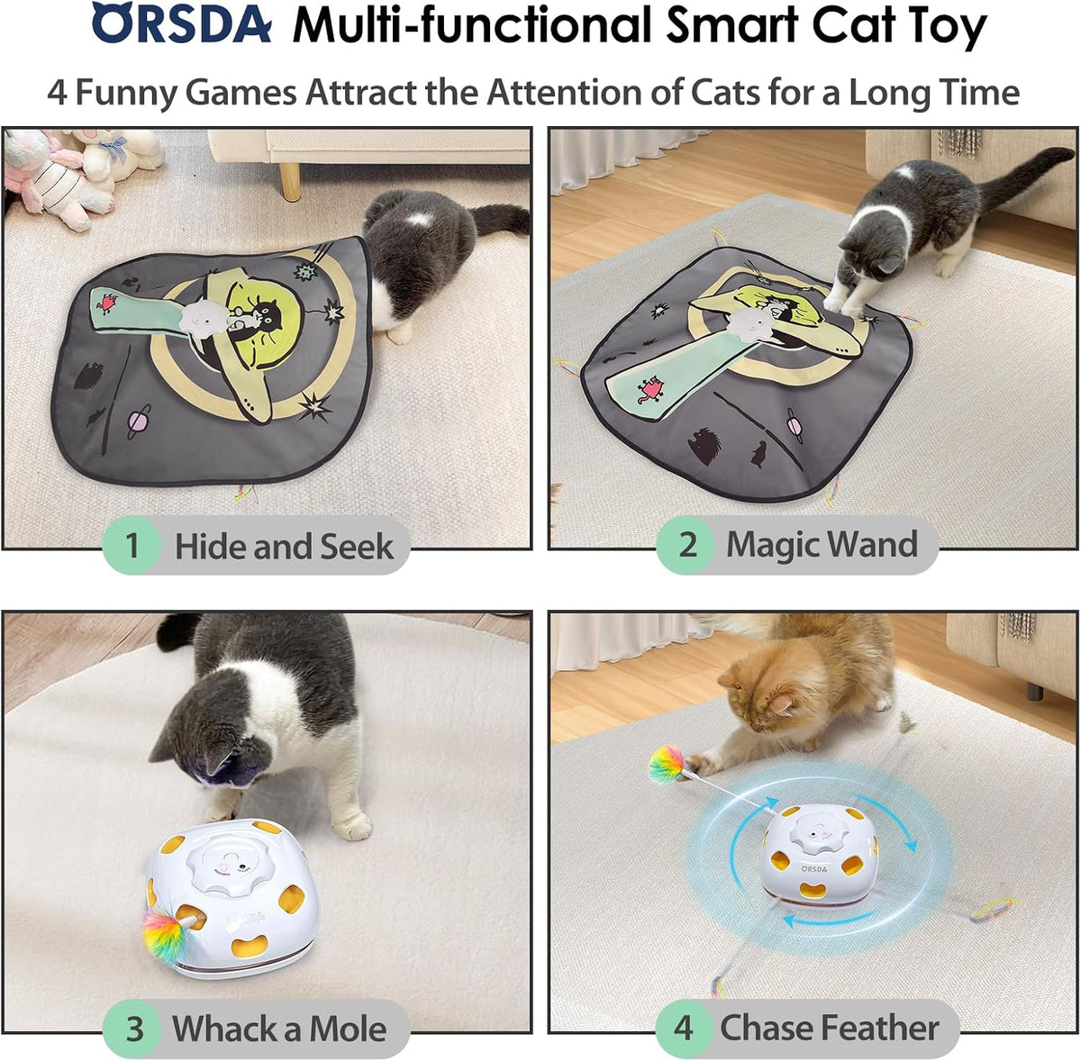 ORSDA Juguetes interactivos 4 en 1 para gatos - Juguetes automáticos para gatos de interior y gatitos, ratones de 8 agujeros Whack-A-Mole, juego de escondite con movimiento inteligente con 5 piezas de