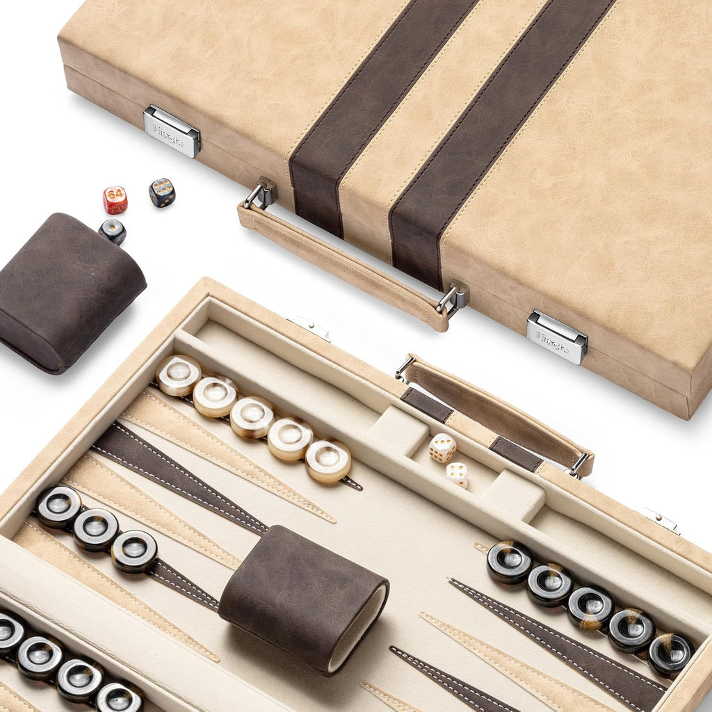 Juegos de backgammon de 15 pulgadas para adultos, tablero clásico de backgammon con dados de damas únicos, exterior de piel sintética e interior de terciopelo, juego de viaje de backgammon portátil (marrón)