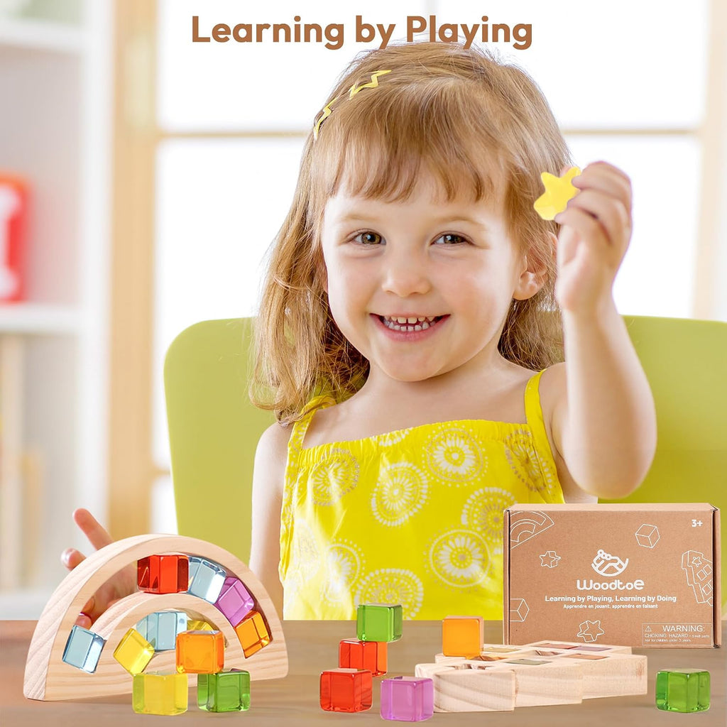 Juego de bloques de construcción de madera para niños, marco de madera de arco iris y árbol, 24 unidades de cubos de gemas acrílicas, juguetes apilables Montessori, juguetes educativos de
