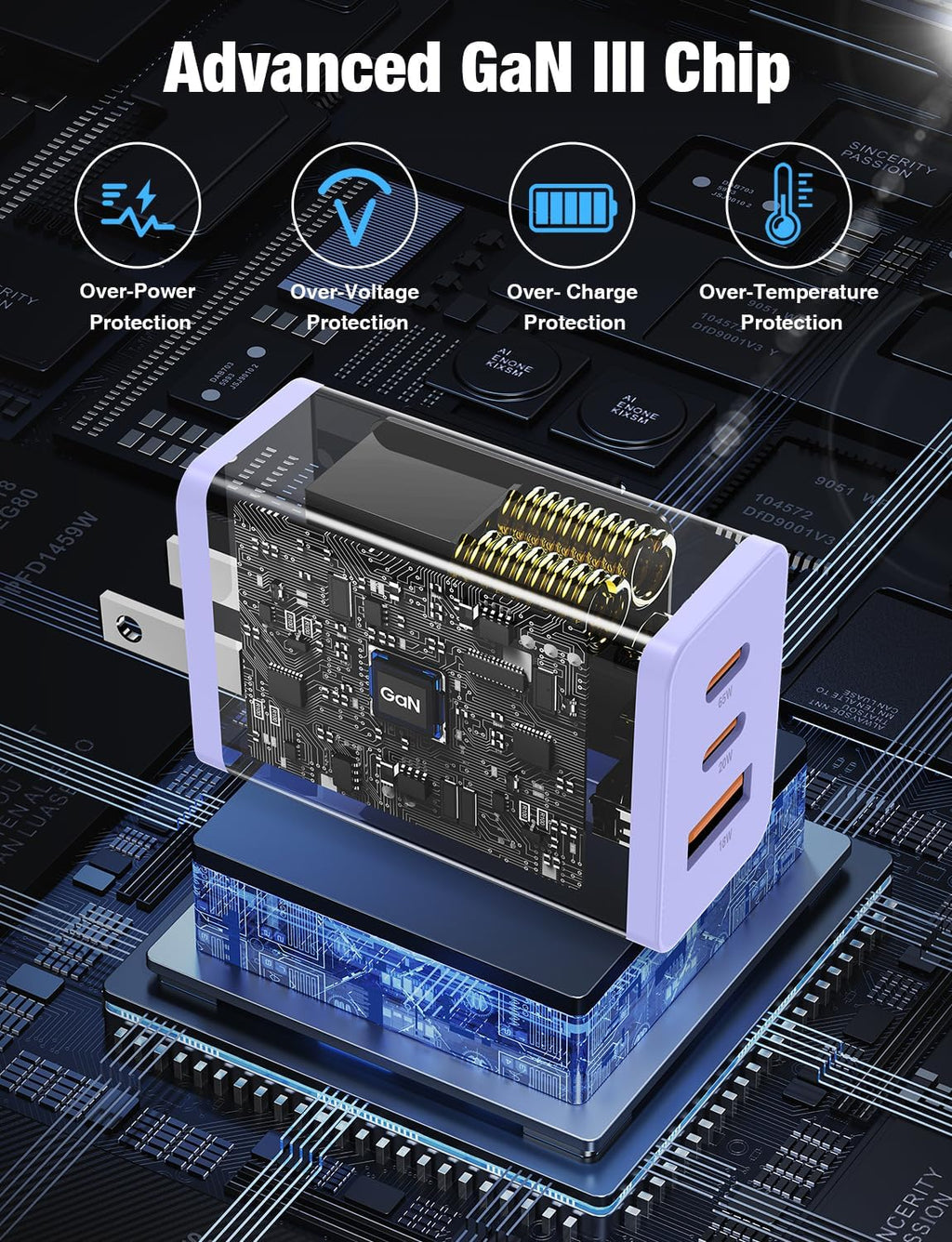Paquete de 2 bloques de cargador de pared USB C de 65 W, adaptador de carga USB C de 3 puertos de 100 W tipo C de carga súper rápida para MacBook Pro/Air, i-Pad Pro, i-Phone 17/16/15, Galaxy S25 y más