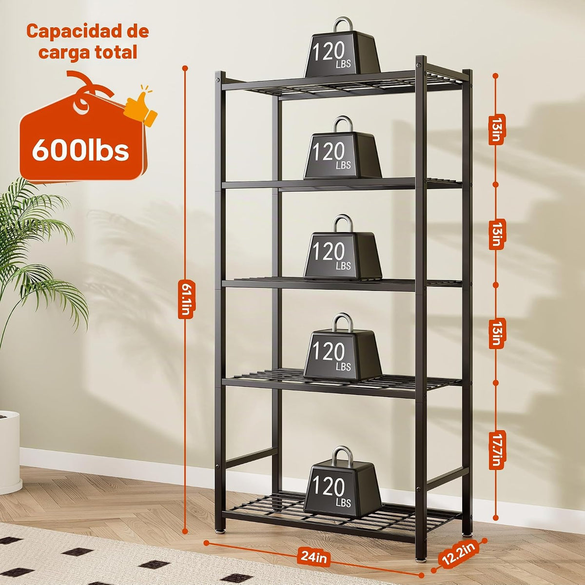 Estantes de almacenamiento, estantería de metal de 5 niveles con 120 libras por estante, pies niveladores, estante de almacenamiento para garaje, cocina, despensa, armario, 24 x 12.2 x 61.1