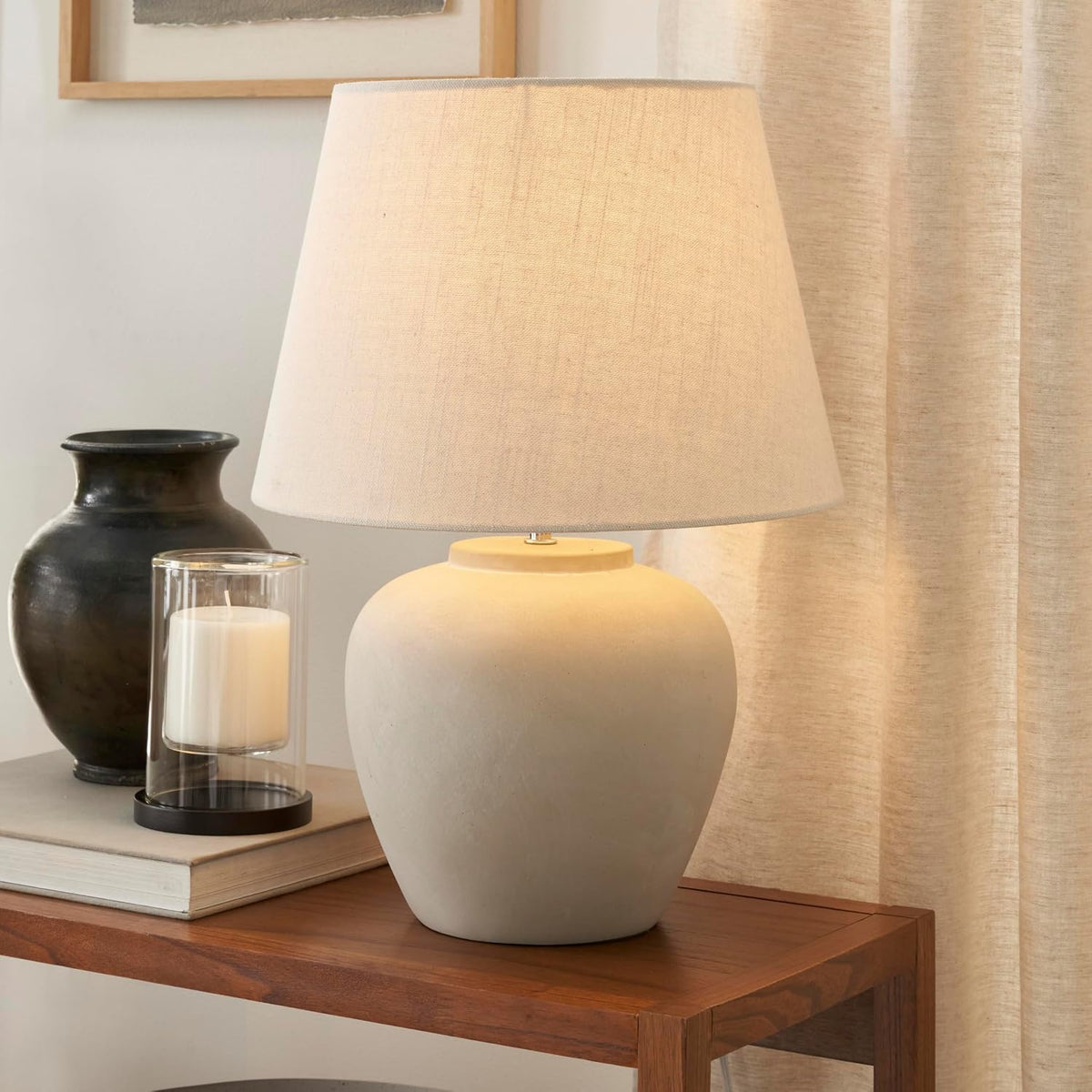 Lámpara Nourison Home - Lámpara de mesa de cerámica neutra de 20 pulgadas (beige claro) con pantalla de tela, lámpara de mesita de noche para dormitorio, sala de estar, entrada
