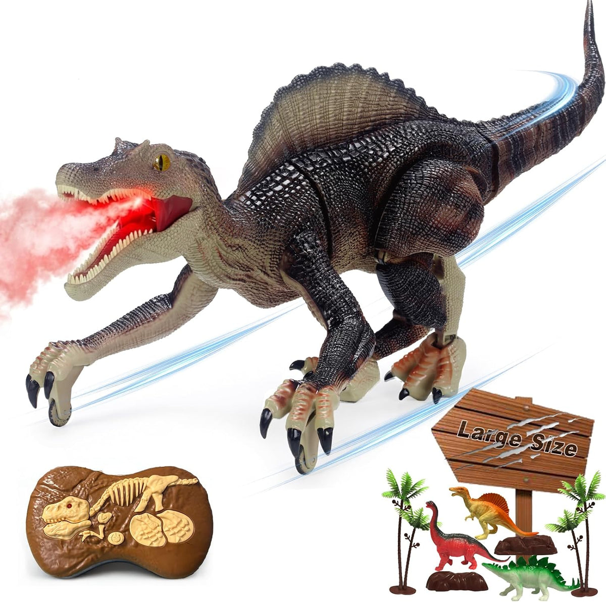Juguetes de dinosaurio con control remoto para niños, juguete electrónico RC Spray Raptor, juguete para caminar, rugiente, espinosaurio jurásico, realista, 18.1 pulgadas, regalo de cumpleaños