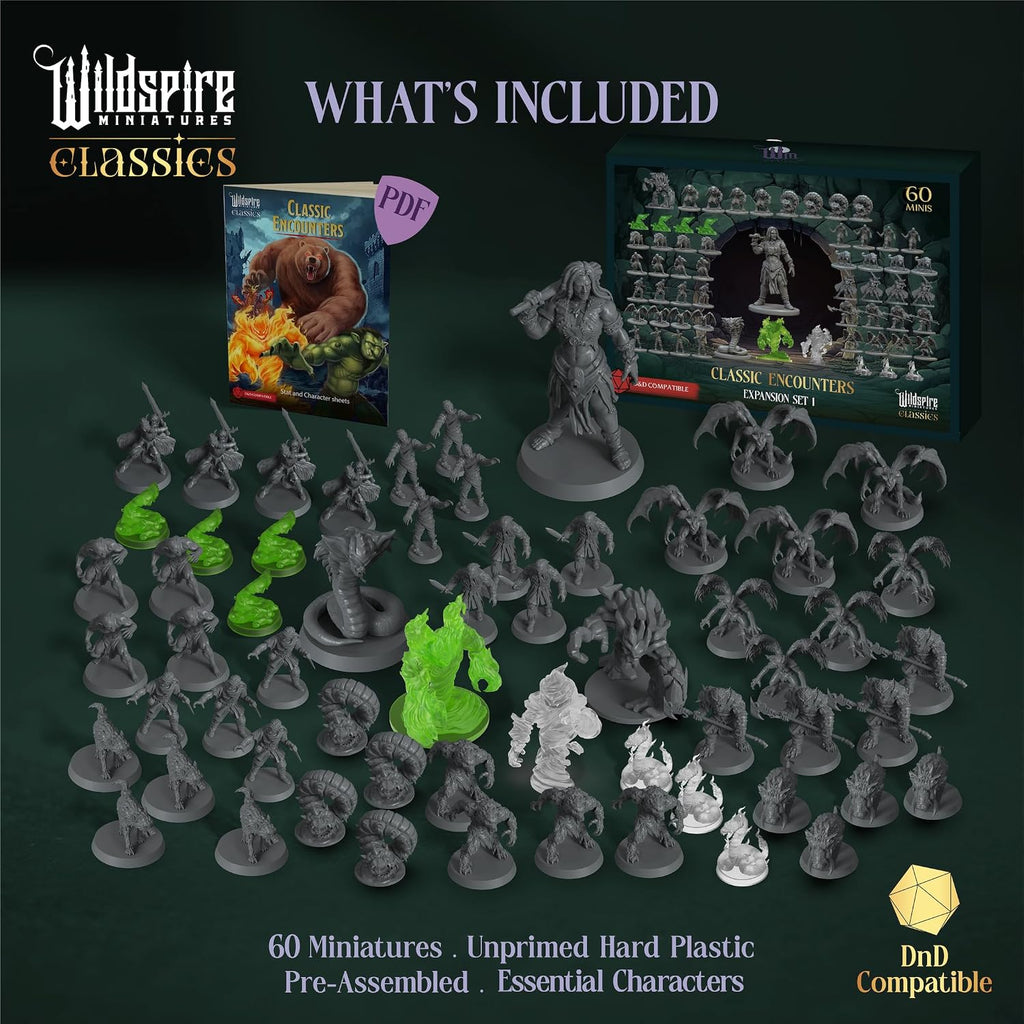Encuentros clásicos - Set de expansión I - 60 miniaturas icónicas DND a granel, monstruos sin pintar, miniaturas DND para juegos de mesa RPG, miniaturas D&D, figuritas de fantasía, miniaturas de