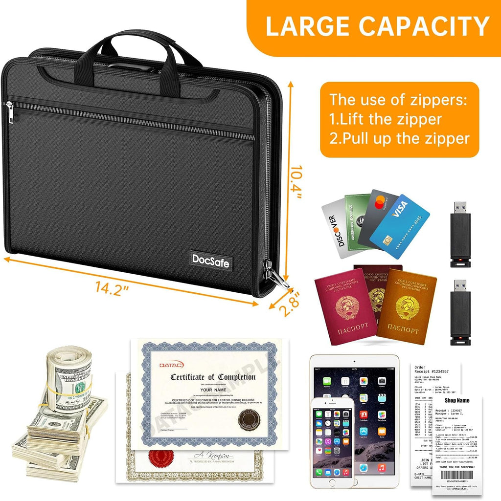 DocSafe Archivador de acordeón con cerradura de combinación, carpeta de archivos expandible resistente al fuego e impermeable con múltiples bolsillos, organizador de documentos para almacenamiento