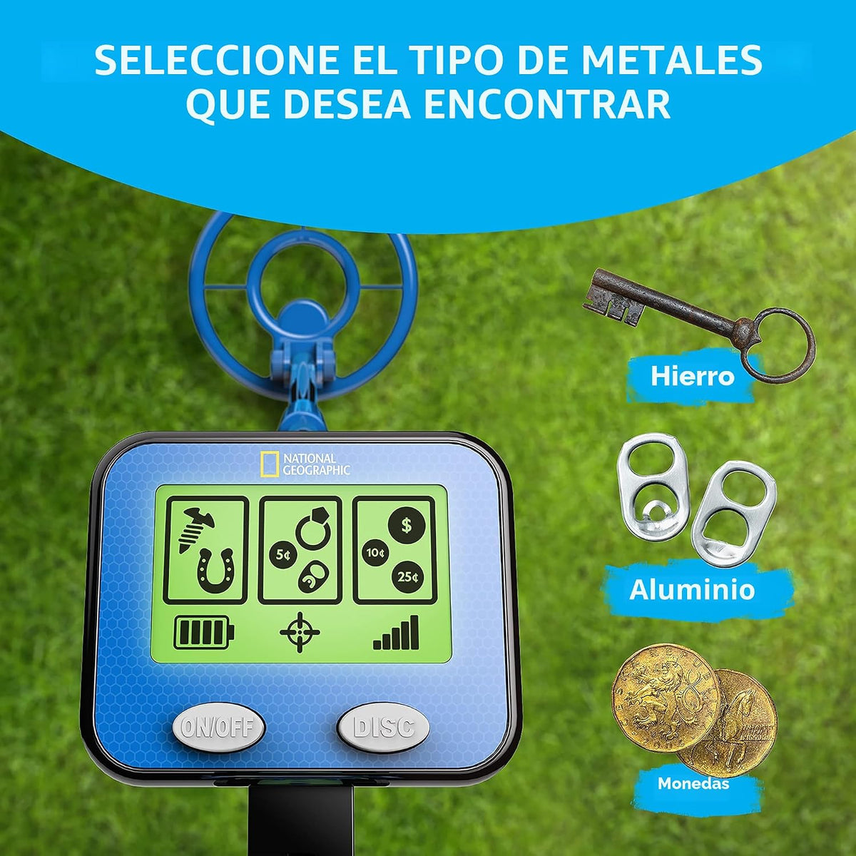 NATIONAL GEOGRAPHIC - Detector de metales para niños, bobina detector de metales impermeable de 7.4 pulgadas, detector de oro ligero con función de localización precisa y pantalla LCD, detector de