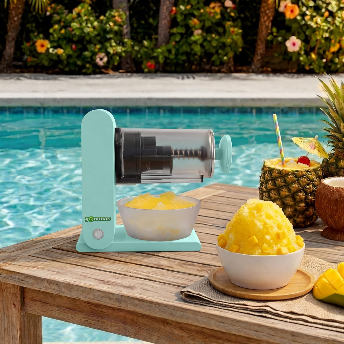 Yonanas Máquina de hielo afeitado portátil inalámbrica y recargable con funcionamiento manos libres para conos de nieve esponjosos, granizados y bebidas congeladas, carga USB-C, 2 moldes de hielo