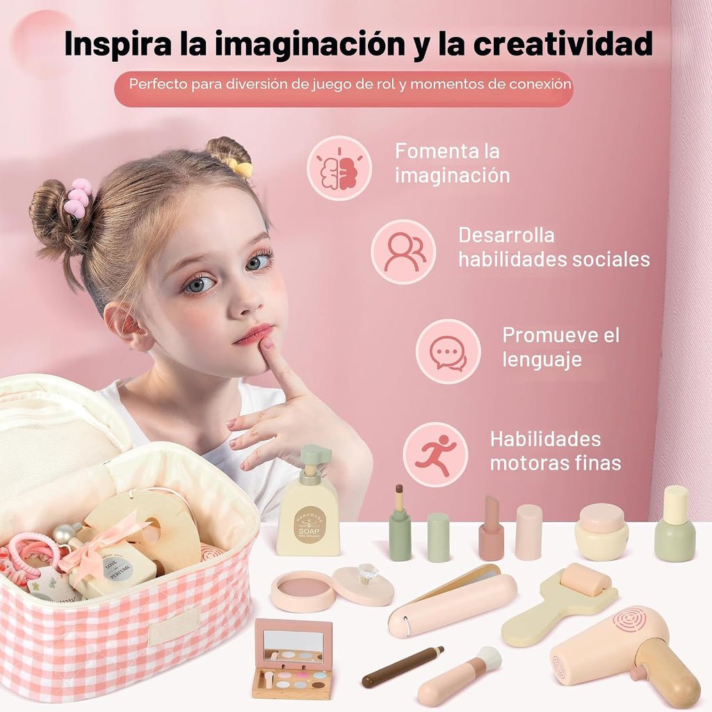Juego de Maquillaje de Madera para Niños, Juego de Maquillaje de Simulación para Niños Pequeños, Kit de Maquillaje de Belleza para Niñas de 3, 4, 5, 6, 7 Años