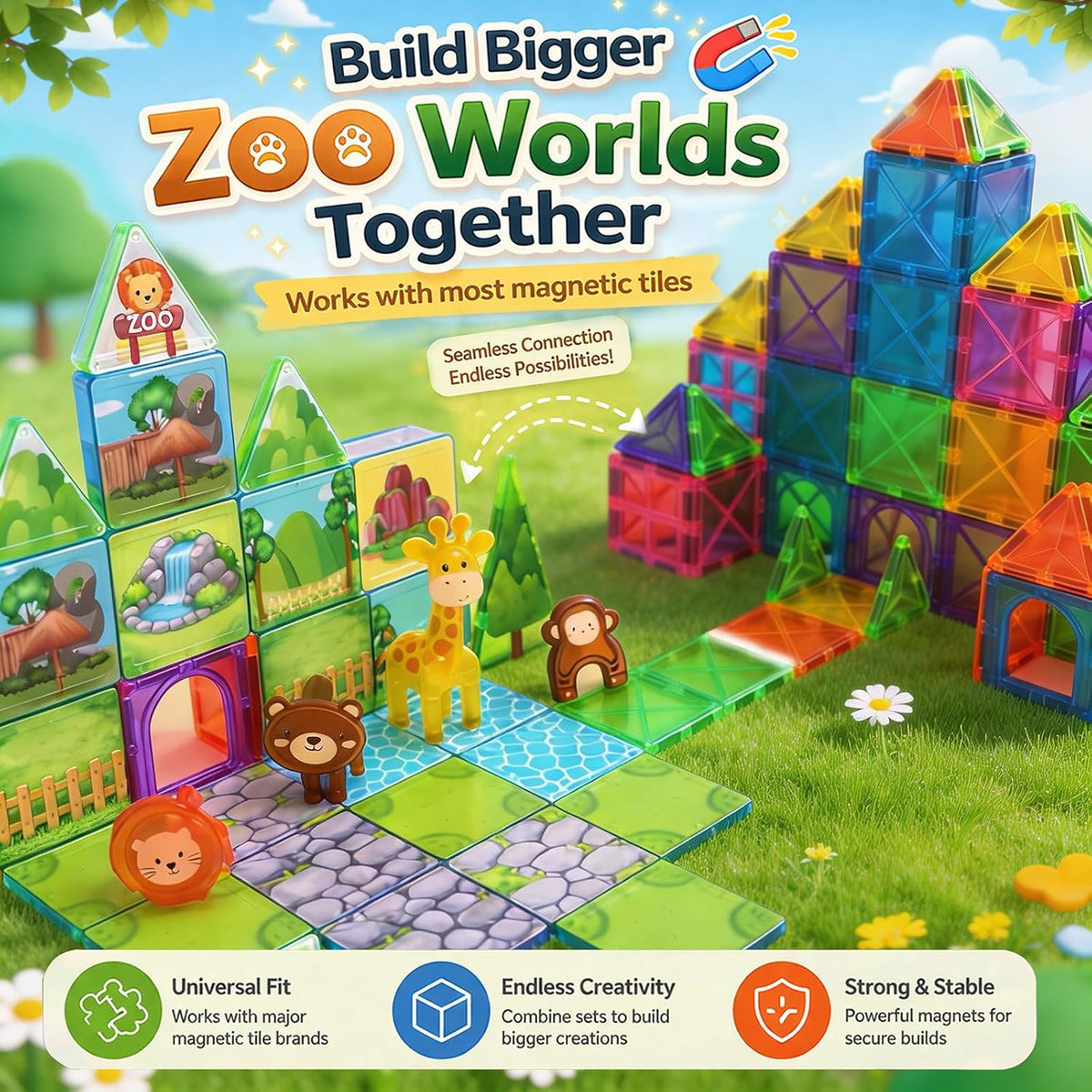 LATI Zoo World - Azulejos magnéticos para niños con jirafa, león y oso