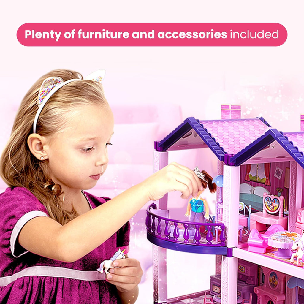 Casa de muñecas con 4 princesas, 4 unicornios, perro, muebles y accesorios – Casa de muñecas de ensueño rosa y morado juguete para niñas pequeñas – 5 habitaciones con jardín, muebles y accesorios