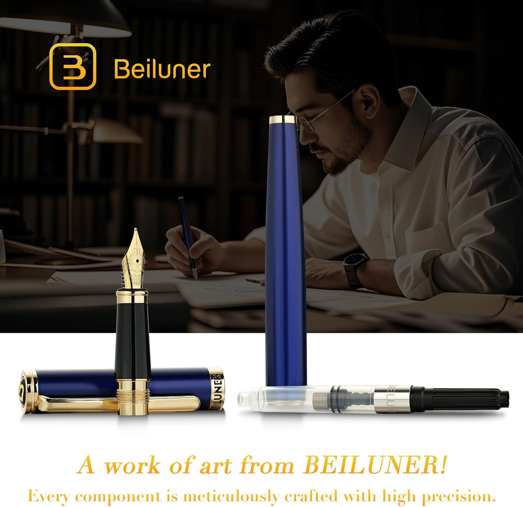 BEILUNER - Pluma estilográfica azul, detalles de oro de 24 quilates, punta