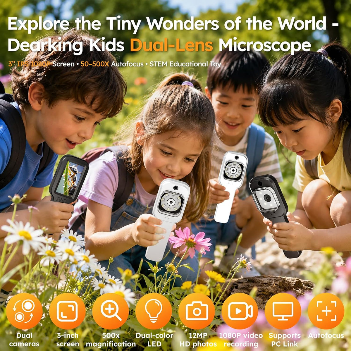 Lupa de Microscopio para Niños con Enfoque Automático y Cámara, 500x, Regalo STEM para Edades de 4 a 12 años