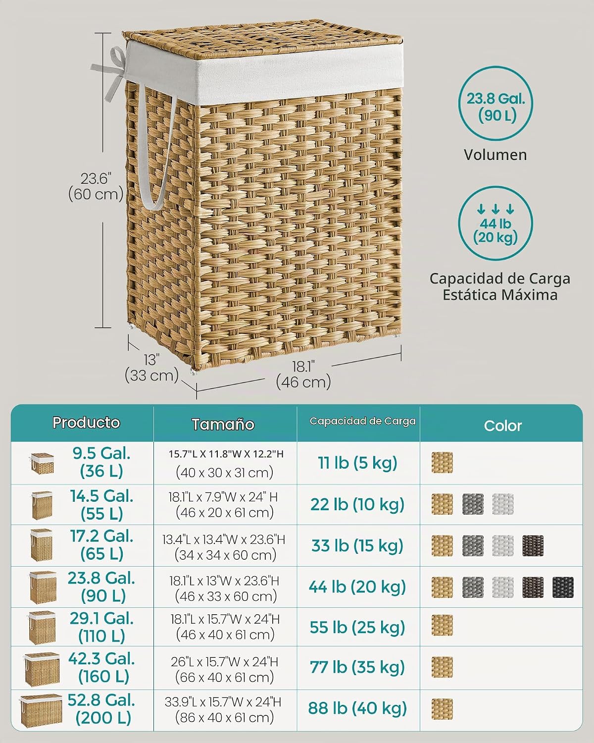 SONGMICS Canasta de lavandería con tapa, cesto de ropa de 23.8 galones (90 L) de ratán sintético con tapa y asas, plegable, forro extraíble, amarillo ganso ULCB51NL