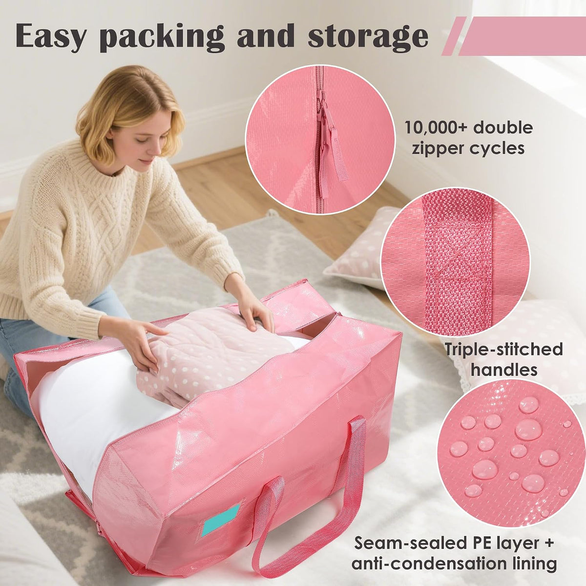 Paquete de 6 bolsas de mudanza con cremallera lateral completamente abierta, extra grandes de 93 L, resistentes al agua, plegables para almacenamiento para dormitorio universitario, mudanza y organización del hogar, color rosa