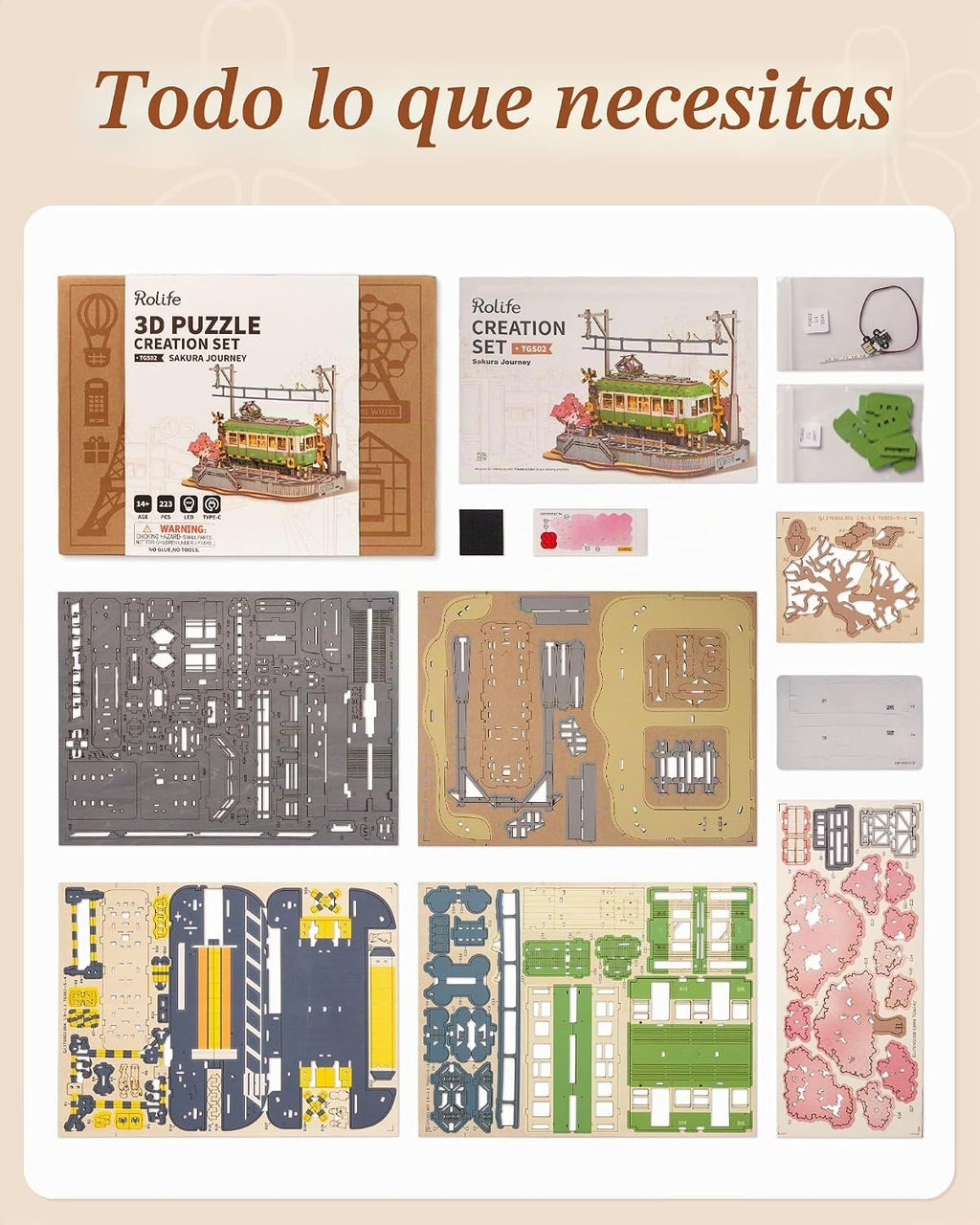 Rolife Sakura Journey Tram - Rompecabezas de madera 3D para adultos, kits de construcción de modelos de bricolaje con luces LED, regalo creativo para niños, regalo de pasatiempos y rompecabezas para