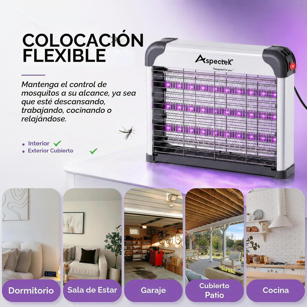 Lámpara ASPECTEK Exterminador de insectos LED de doble espectro para interiores, rejilla eléctrica de alto voltaje para mosquitos y moscas, 3 lámparas LED UV de larga duración de 395 nm, mata mosquitos