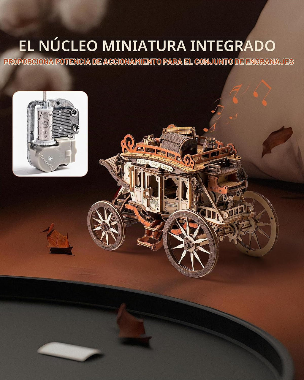 ROBOTIME Caja de rompecabezas de madera con caja de música Stagecoach AMKA1, regalo de día de San Valentín Rompecabezas de madera 3D para adultos, modelo mecánico 3D para construir, regalo de