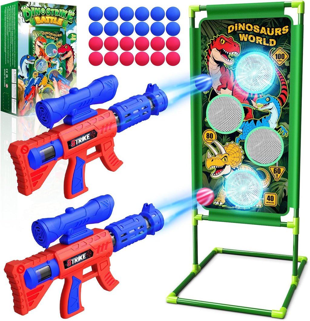 Juego de disparos con dinosaurios, 2 lanzadores de bomba de aire con diversión de apuntar, 3 temas de dinosaurios y 4 puntos de puntuación de objetivo, 24 bolas de espuma, juguete de regalo para niños