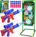 Juego de disparos con dinosaurios, 2 lanzadores de bomba de aire con diversión de apuntar, 3 temas de dinosaurios y 4 puntos de puntuación de objetivo, 24 bolas de espuma, juguete de regalo para niños