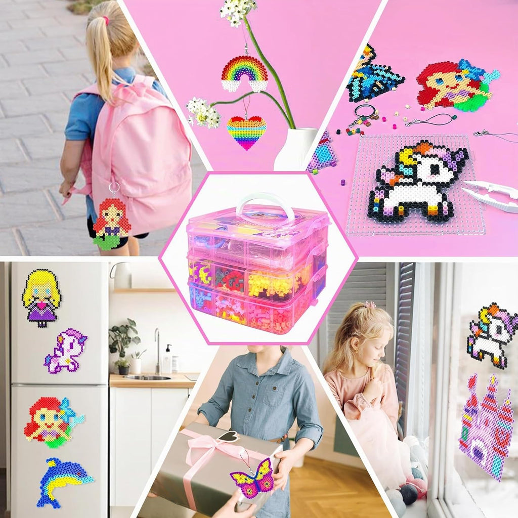 Kit de cuentas de fusible para niños, 11000 cuentas fusibles, 20 colores de 0.197 in, juego de manualidades con caja de almacenamiento, tableros de clavijas, papel de planchar y accesorios, juego de artes y manualidades, juguetes regalos para niñas y
