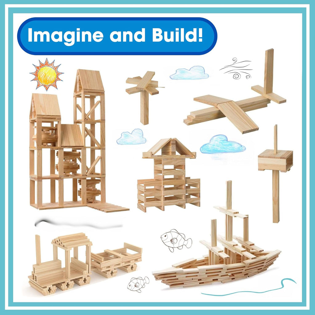 Juego de bloques de construcción de madera, juguetes de construcción de bloques de tablones de 200 piezas, juguete educativo de madera STEM para niños y niños pequeños