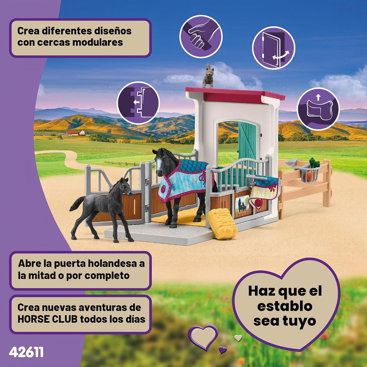 Schleich Horse Club - juego de 34 piezas de juguetes de caballos para el establo con figuras de yegua y potro, figura de gato y accesorios - set de extensión de establo para niñas y niños - juguetes