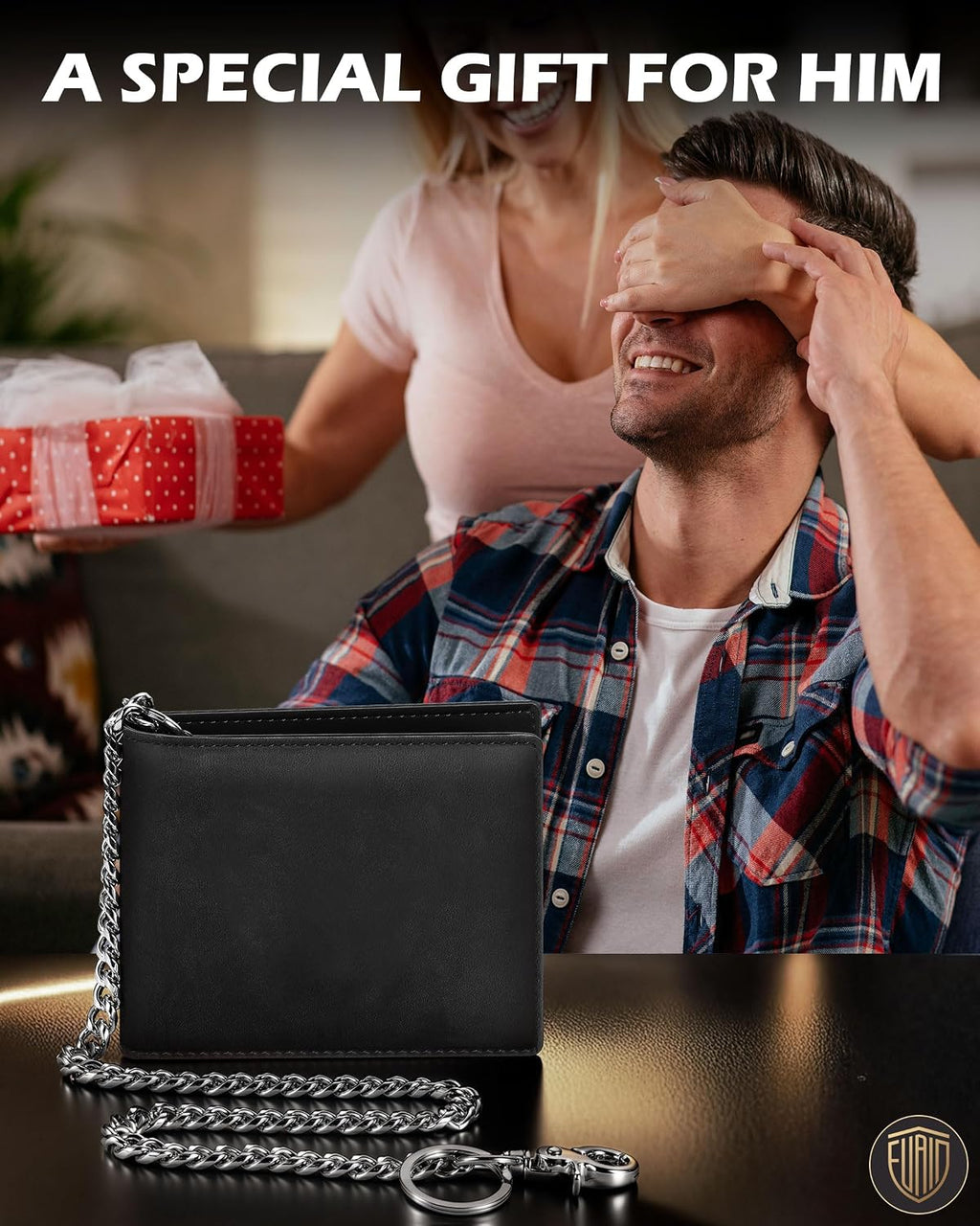 Cartera de piel auténtica con cadena para hombre: cartera RFID para