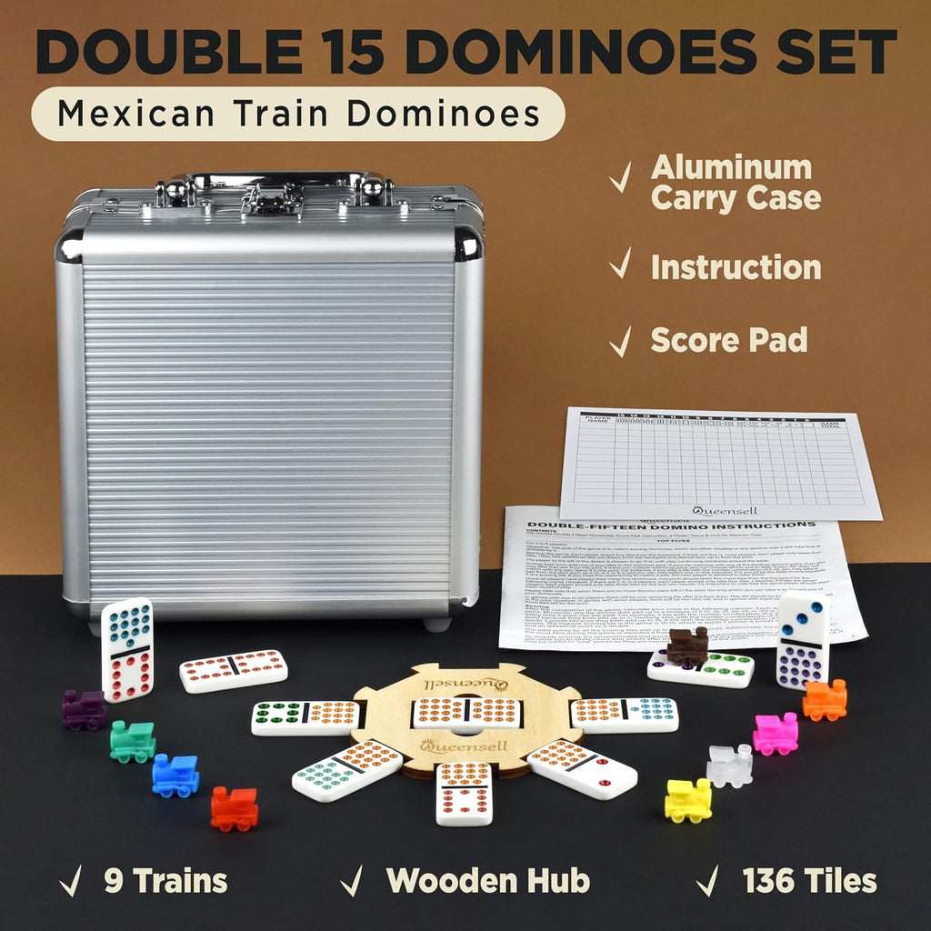 Queensell Juego de dominó de tren mexicano doble 15 para adultos y familia, juego de dominó doble de tren mexicano de 15 puntos de colores, 136 azulejos, 9 trenes, cubo de madera, caja de aluminio (doble 15)
