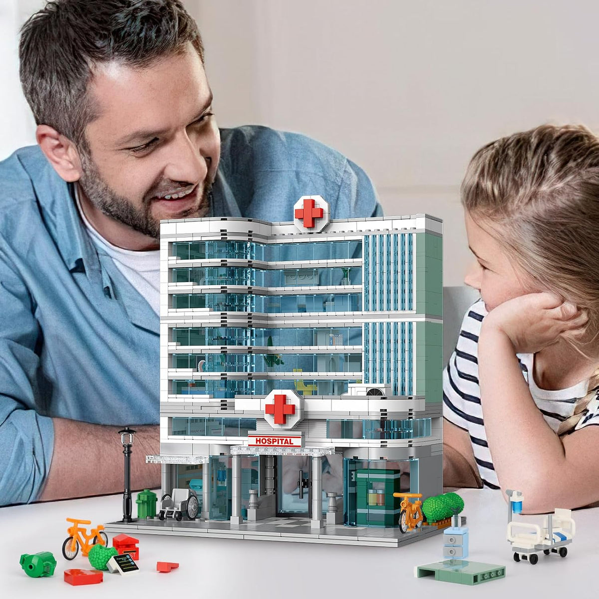 NEWABWN City Hospital Building Set 1350pc LED Lighting Modular Architecture