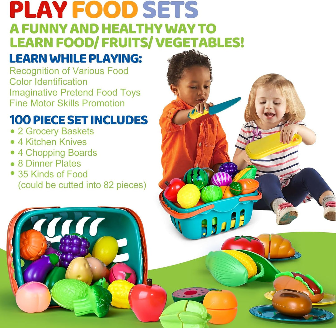 100 PIEZAS Juguetes de Comida para Cortar para Cocina Infantil, Jug...