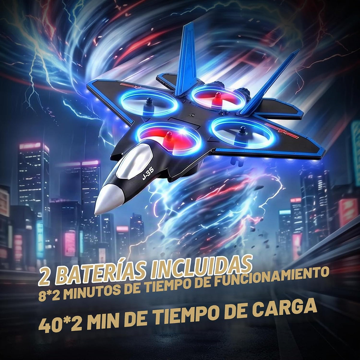 BEZGAR Avión Fighter Jet RC Juguete con luces LED y giro de 360°, azul