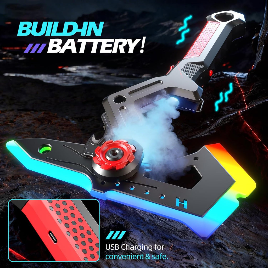Paquete de 2 espadas de luz transformadora para niños, espada LED recargable brillante y hacha juguetes con aerosol de niebla y sonido, armas conectables de doble hoja, accesorios de cosplay para